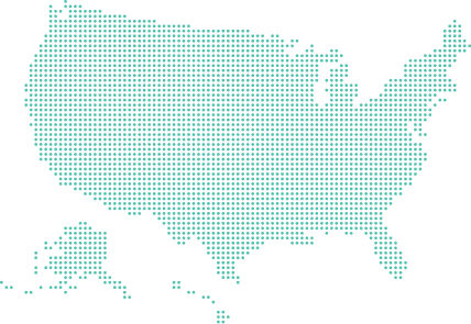 United States map in a teal dotted pattern, including Alaska and Hawaii